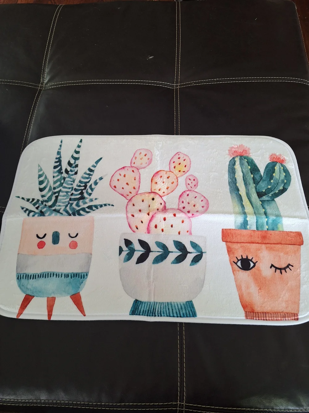 Whimsical Cactus Bath Mat - White with Teal, Pink & Orange